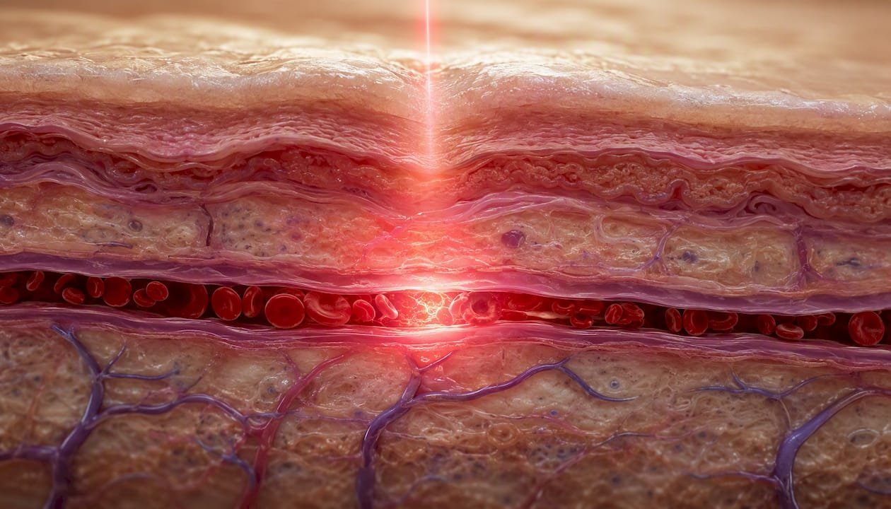 Schéma en coupe de la peau illustrant l’absorption du laser au niveau d’une veine