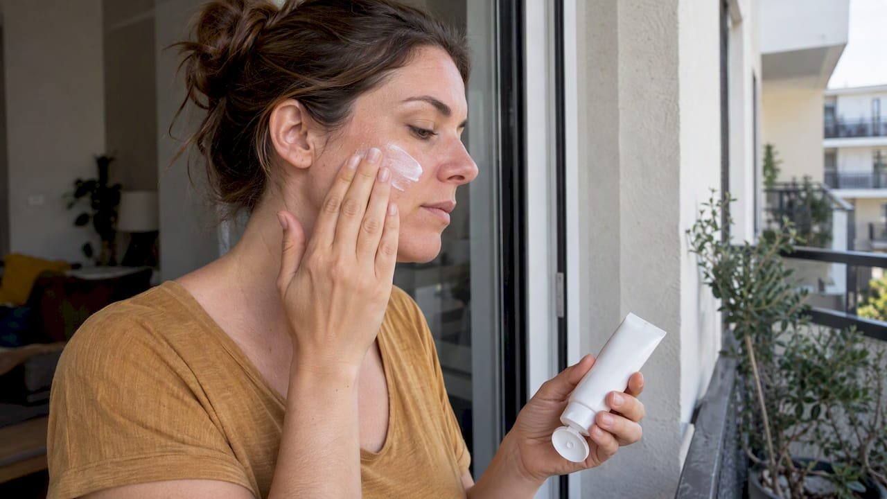 Pose d’une crème solaire minérale sur le visage