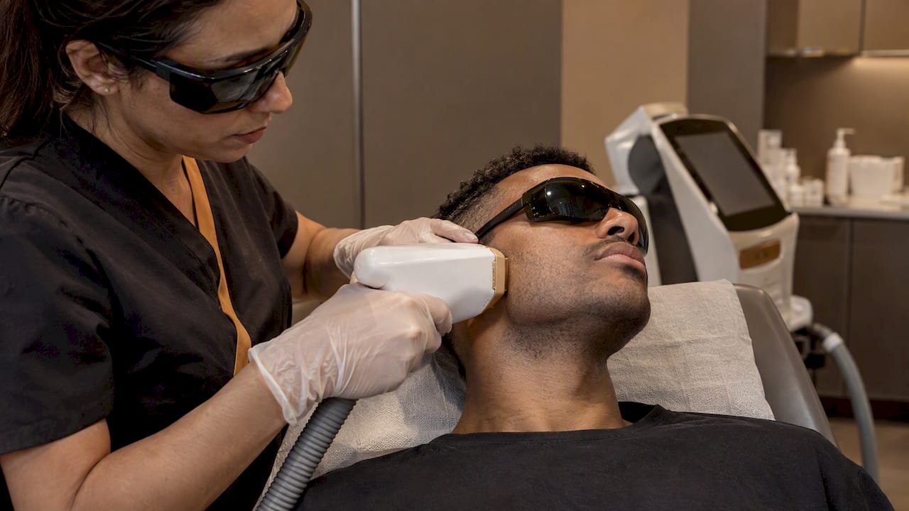 Séance de laser ciblant la ligne de la barbe