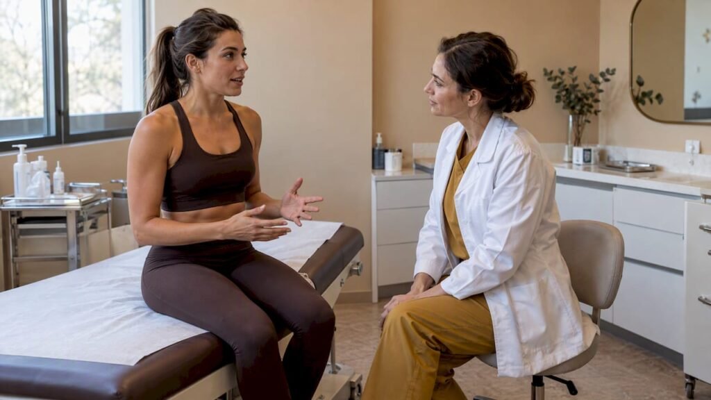 Une sportive en discussion avec une praticienne lors d'une consultation