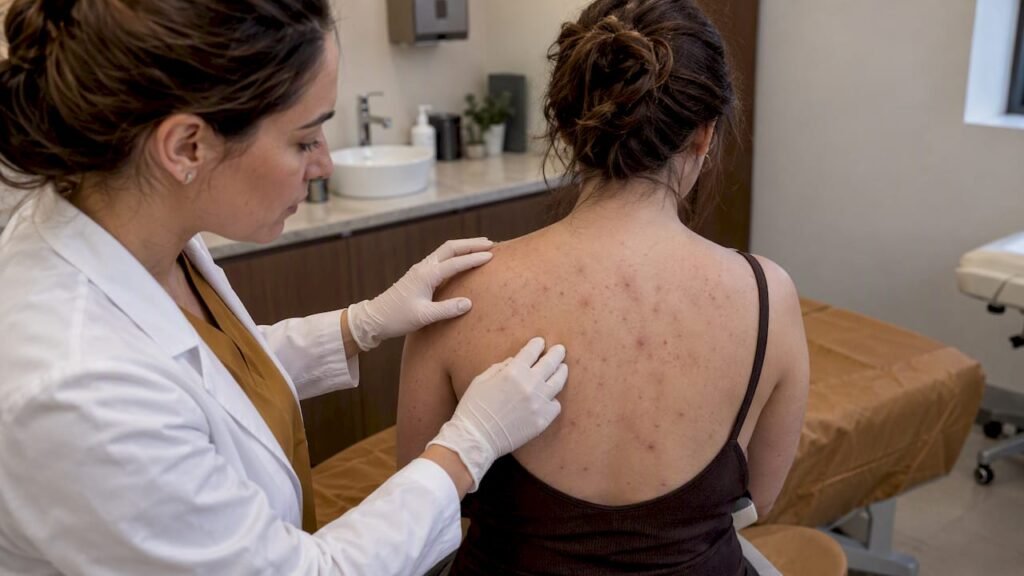 Professionnelle examinant une peau acnéique avant une épilation laser