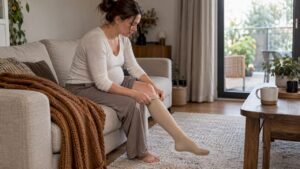Femme enceinte mettant un bas de contention
