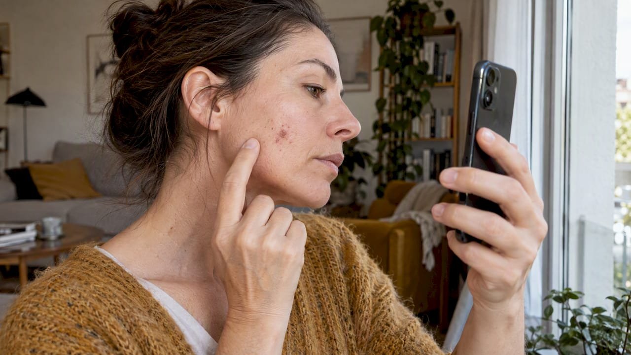Patiente prenant en photo ses croûtes après un traitement au laser