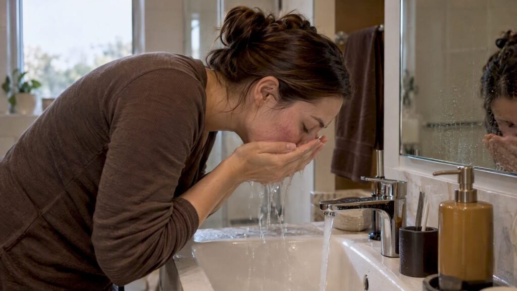 Femme se rinçant délicatement le visage au lavabo