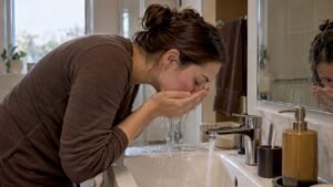 Femme se rinçant délicatement le visage au lavabo